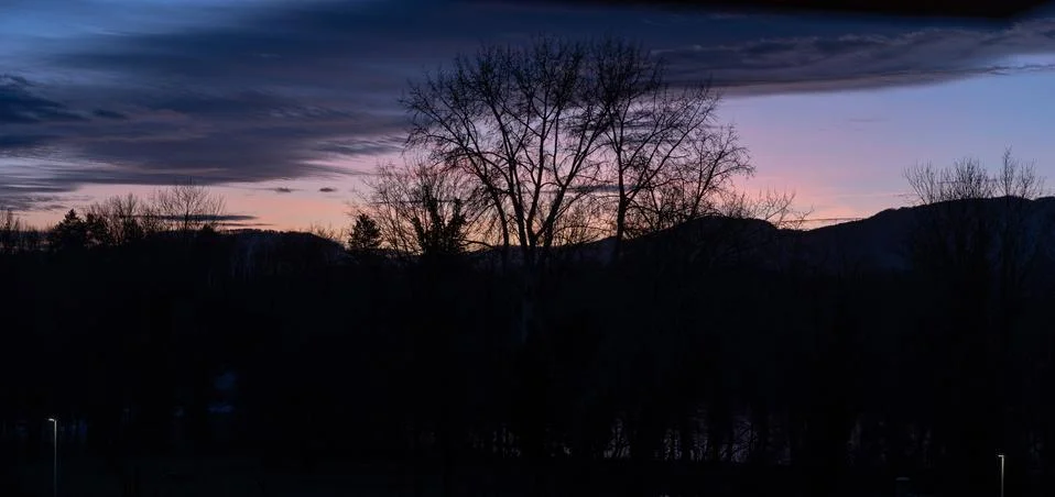 Dramatic sunset with pink blue clouds over bar trees and hills in wintertime 스톡 사진