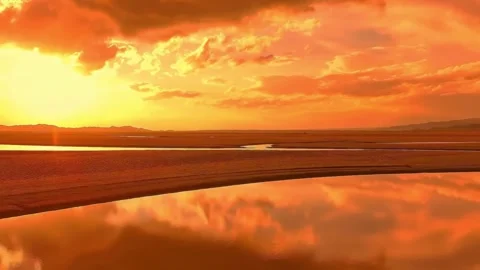 Dramatic Sunset Reflections on Meandering River in Qinghai-Tibet Plateau Chi Stock Footage 346423795