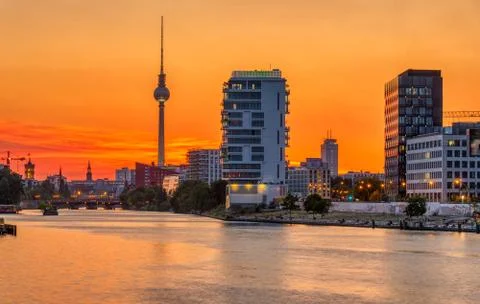 Dramatic sunset at the river Spree in Berlin Stock Photos