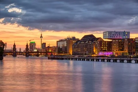 Dramatic sunset at the river Spree in Berlin Stock Photos