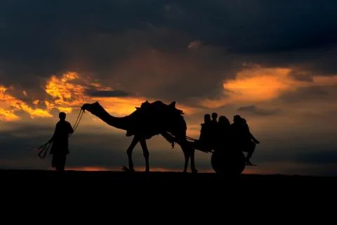 Dramatic sunset in the sand dunes and silhouette of camel cart. Stock Photos
