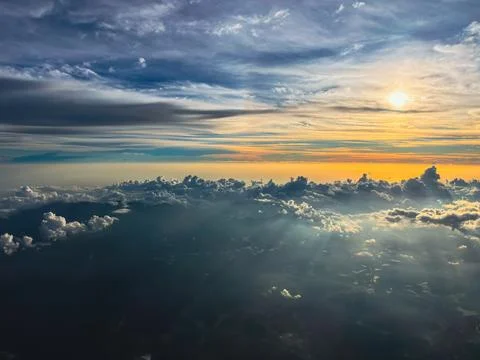 Dramatic Sunset Sky Aerial View Flying above Cloud Deck over Kerala Landscape Stock Photos