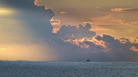 Dramatic Sunset Sky, Boat, Seagull, Sea Stock Footage 340270271