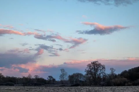 Dramatic sunset sky clouds lonely tree silhouette 스톡 사진