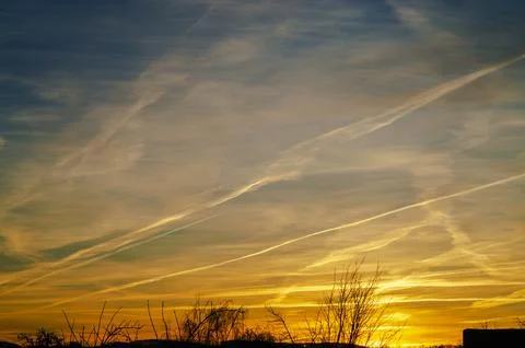 Dramatic sunset sky filled with contrails and wispy clouds, casting golden hu Foto stock