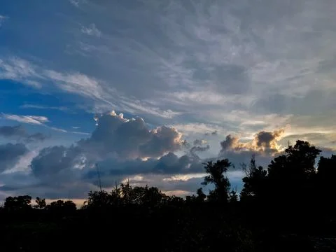 Dramatic Sunset Sky with Golden Clouds and Tree Silhouette Landscape Backgrou 스톡 사진