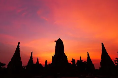 Dramatic sunset sky over the ancient temple. Stock Photos