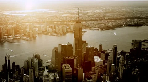 Dramatic sunset sky over city. helicopter aerial shot of modern skyline Stock Footage 63397012
