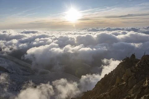Dramatic sunset sky over the Rogues Alps. View from the Cosmique refuge, Ch.. Stock Photos