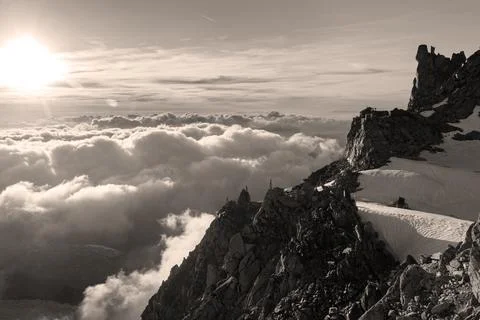 Dramatic sunset sky over the Rogues Alps. View from the Cosmique refuge, Ch.. Stock Photos