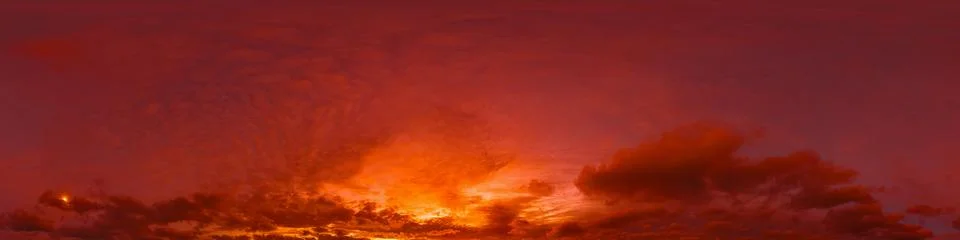 Dramatic sunset sky panorama with red burning clouds. Seamless hdr 360 pano in Stock Photos