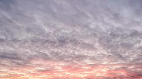 Dramatic sunset sky with textured clouds glowing in pink and orange colors .. Stock Photos