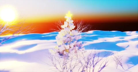 Dramatic sunset with a snow-covered pine tree surrounded by snow and trees .. Stockbeeldmateriaal 281602425