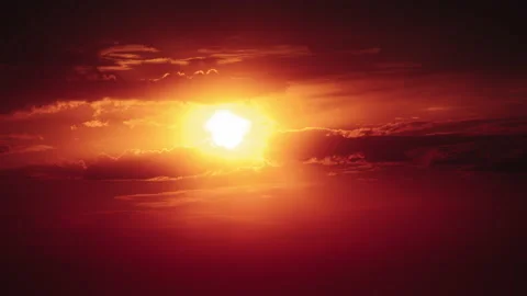Dramatic Sunset with Sun Rays in Sky Through Orange Layered Clouds, Timelapse Stock Footage 208910146