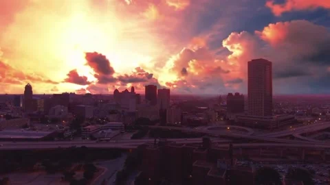 Dramatic sunset time lapse over city of Buffalo New York Stock Footage 135601422