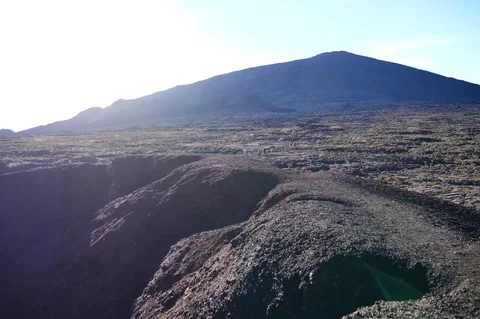 Dramatic surface volcano crater black landscape and vegetation reunion island  Video stock 84299340