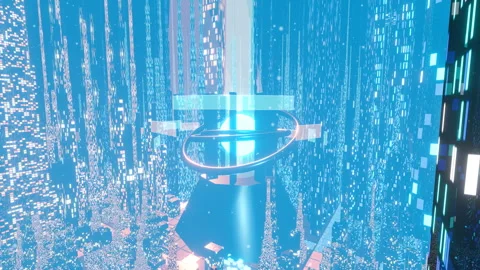 Dramatic sweeping orbit around glowing centralized quantum computing core, 4K Stock Footage 336840855