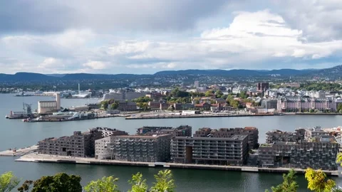 Dramatic Timelapse of Oslo Harbor and Contemporary Architecture in Daylight Stock Footage 308194375