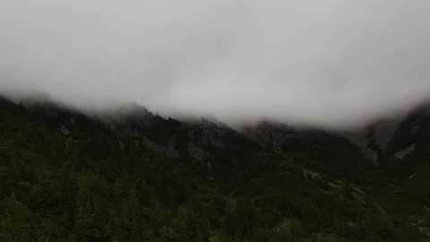 Dramatic timelapse of thick fog rolling over steep rocky ridges and pine fo.. Stock Footage 340457199