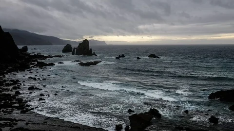 Dramatic timelapse video of stormy weather at rocky coast near San Juan de Ga Stock Footage 108095963