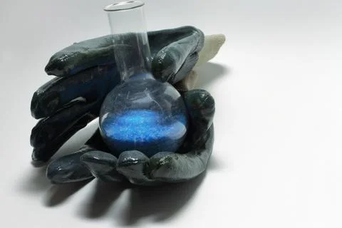 Dramatic tone image of lab flask with bright blue substance, holds by prote.. Foto stock