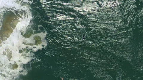 Dramatic top-down slow motion aerial of surfers watching waves Stock Footage 112708559