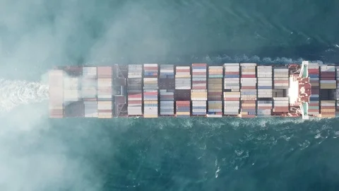 Dramatic top down view of Huge large mega container ship sails Stock Footage 110353801