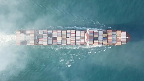 Dramatic top down view of Huge large mega container ship sails Stock Footage 110360420