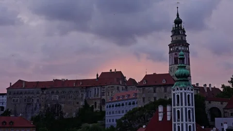 Dramatic Tower and Castle Silhouette at Sunset in Europe Stock Footage 313385322