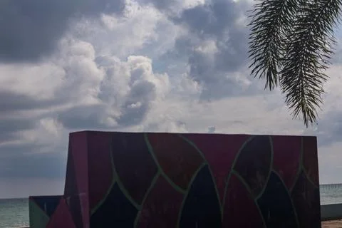 Dramatic Tropical Cloudscape Over Ocean With Palm Leaves 库存照片