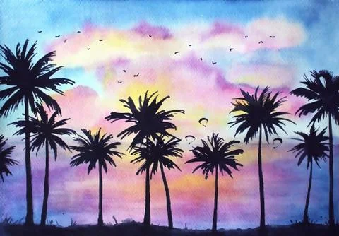 Dramatic tropical landscape at the sunset Illustrazione stock