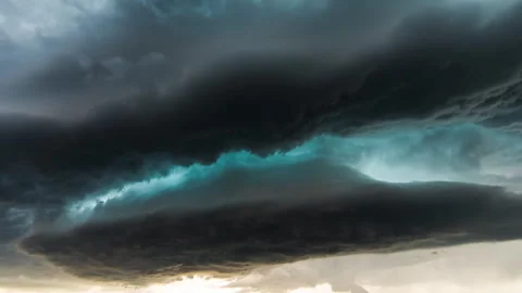 Dramatic turbulent supercell thunderstorm clouds forming in the sky Stock Footage 333150732