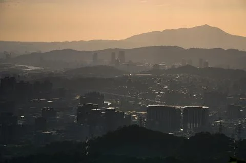 Dramatic twilight cityscape at dusk. Stock Photos