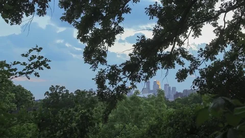 Dramatic Twilight Light on Minneapolis Through the Trees Stock Footage 81145636