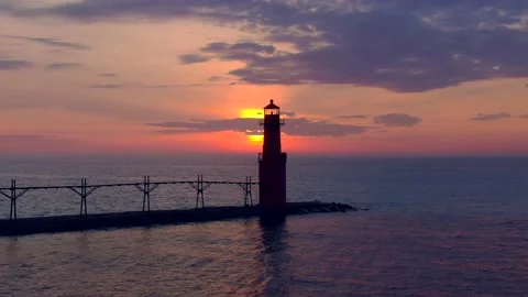 Dramatic twilight with stunning Lighthouse, dawn aerial view with dolly zoom. Stock Footage 152426004