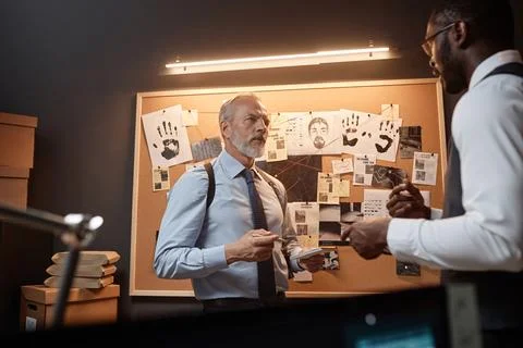 Dramatic two detectives discussing case by evidence board during investigation Stockfoto's