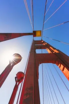 Dramatic upward perspective of the Golden Gate Bridge against a clear sky. Stock Photos