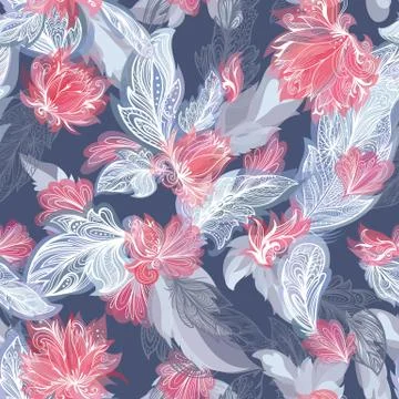 Dramatic Vector Feather and Flower Pattern Stock Illustration