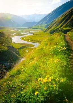 Dramatic vertical panoramic landscape view of  the mountains, river and cloud Stock Photos