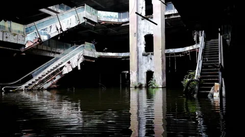 Dramatic video of damaged and abandoned shopping mall Видео 50351673