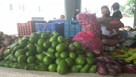 Dramatic video of outdoor vegetabe and fruit stands in the caribbean. Stock Footage 138053119