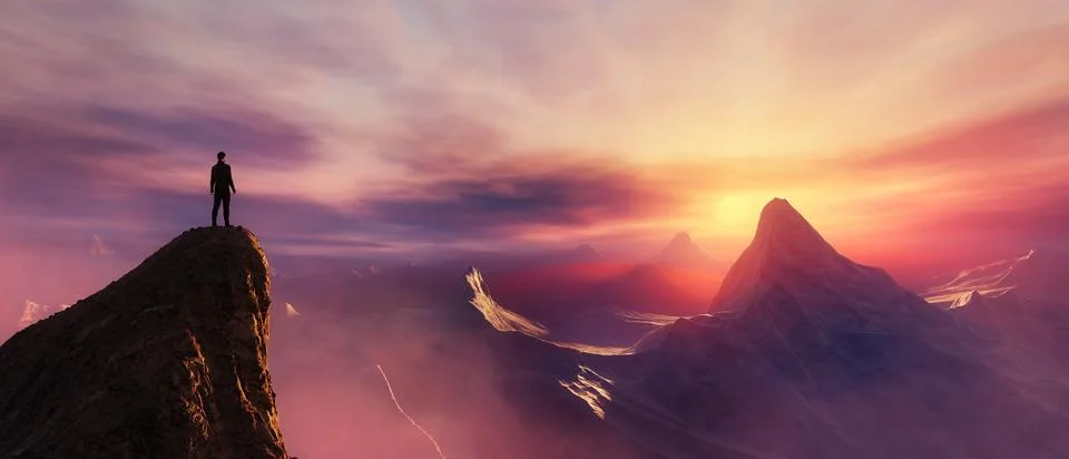 Dramatic View of Adventurous Man standing on top of a rocky peak Illustrazione stock