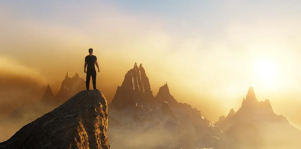 Dramatic View of Adventurous Man standing on top of a rocky peak Stock Illustration