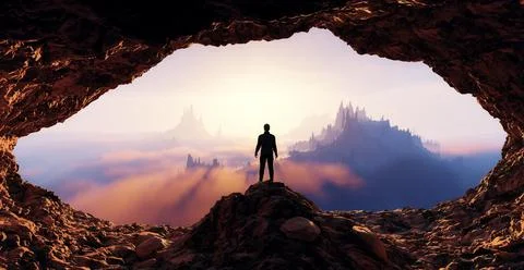 Dramatic View of Adventurous Man standing inrocky cave. Mountain Landscape Illustrazione stock