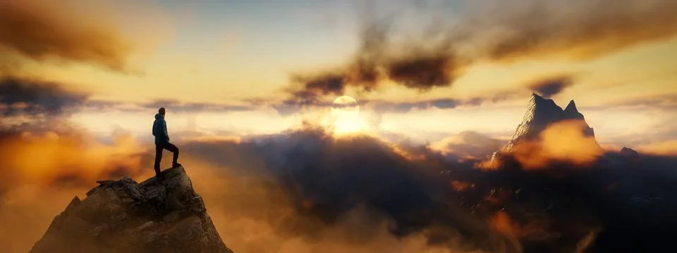 Dramatic View of Adventurous Man standing on top of a rocky peak Illustrazione stock