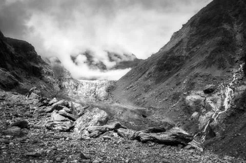 Dramatic view in black and white from the Track to Franz Josef Glacier Stock Photos