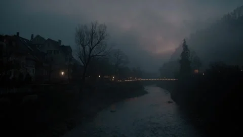 Dramatic view of the bridge over the river at night Stock Footage 264575079