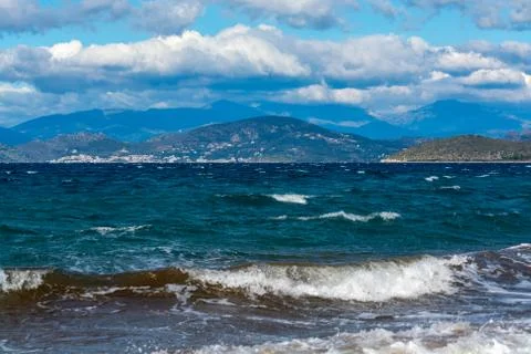 Dramatic view on dark stormy sea on Peloponnese, Greece Stock Photos