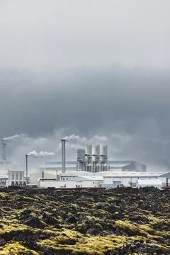 Dramatic view of geothermal power plant in Iceland on a stormy day Stock Photos