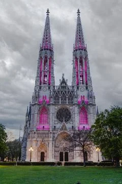 Dramatic view of a Gothic cathedral illuminated with pink lights Stock Photos